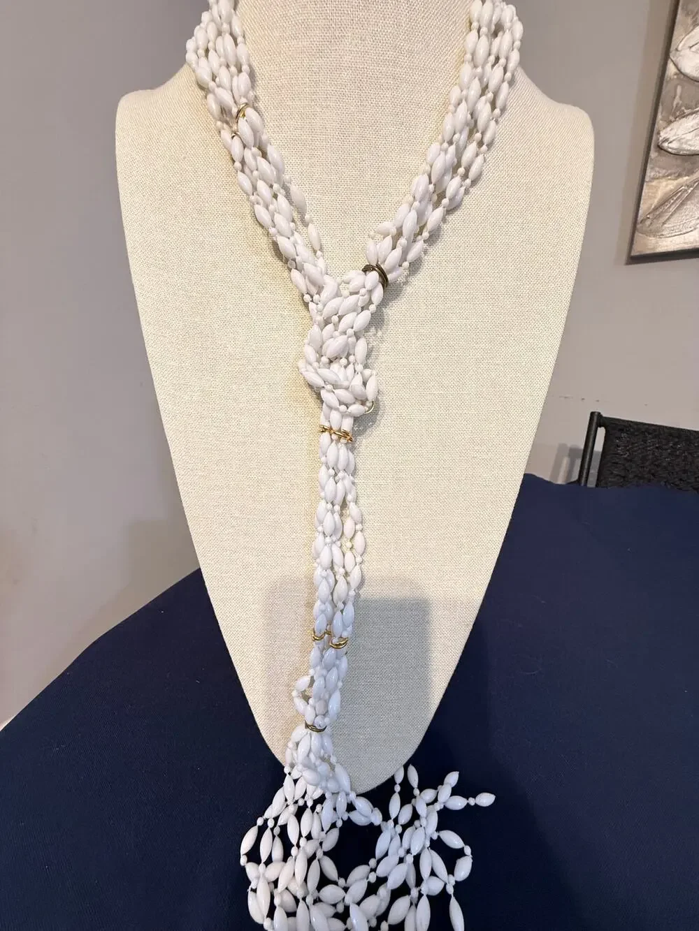 Vintage White Multi Strand Lariat Bead Necklace 26-50”
